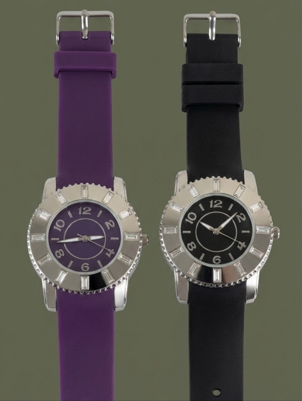 ​2pc Women's Watch Set Black & Purple Sport Rubber Strap Bling Rhinestone Bezel